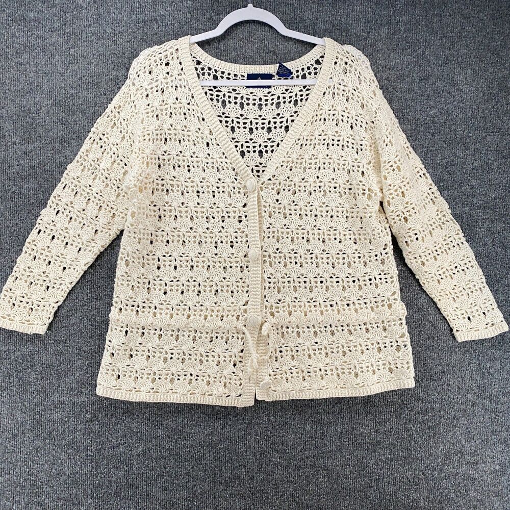 OBR‎ Cardigan Sweater Womens L Beige Crochet Button Up 90s Hippie Peasant Boho